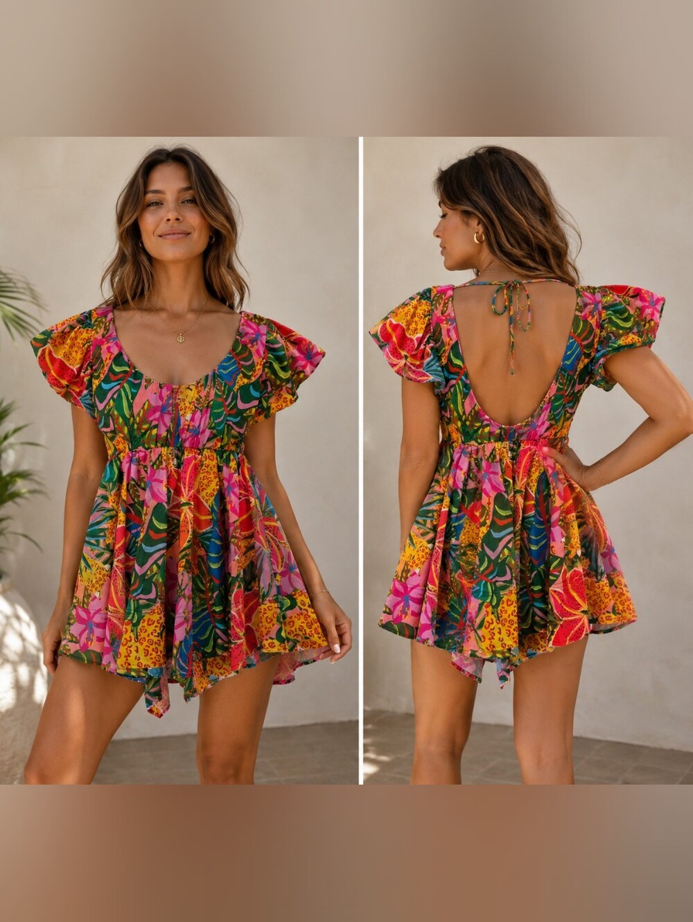 Shein fit and flare tropical print mini dress V neck open back animal print M